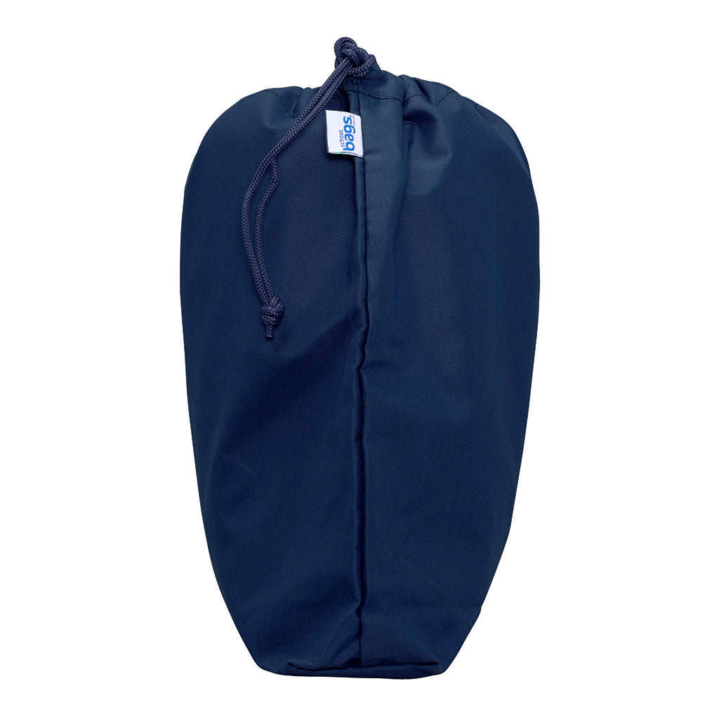 Harlequin navy eco gym bag side angle view displaying drawstring toggle