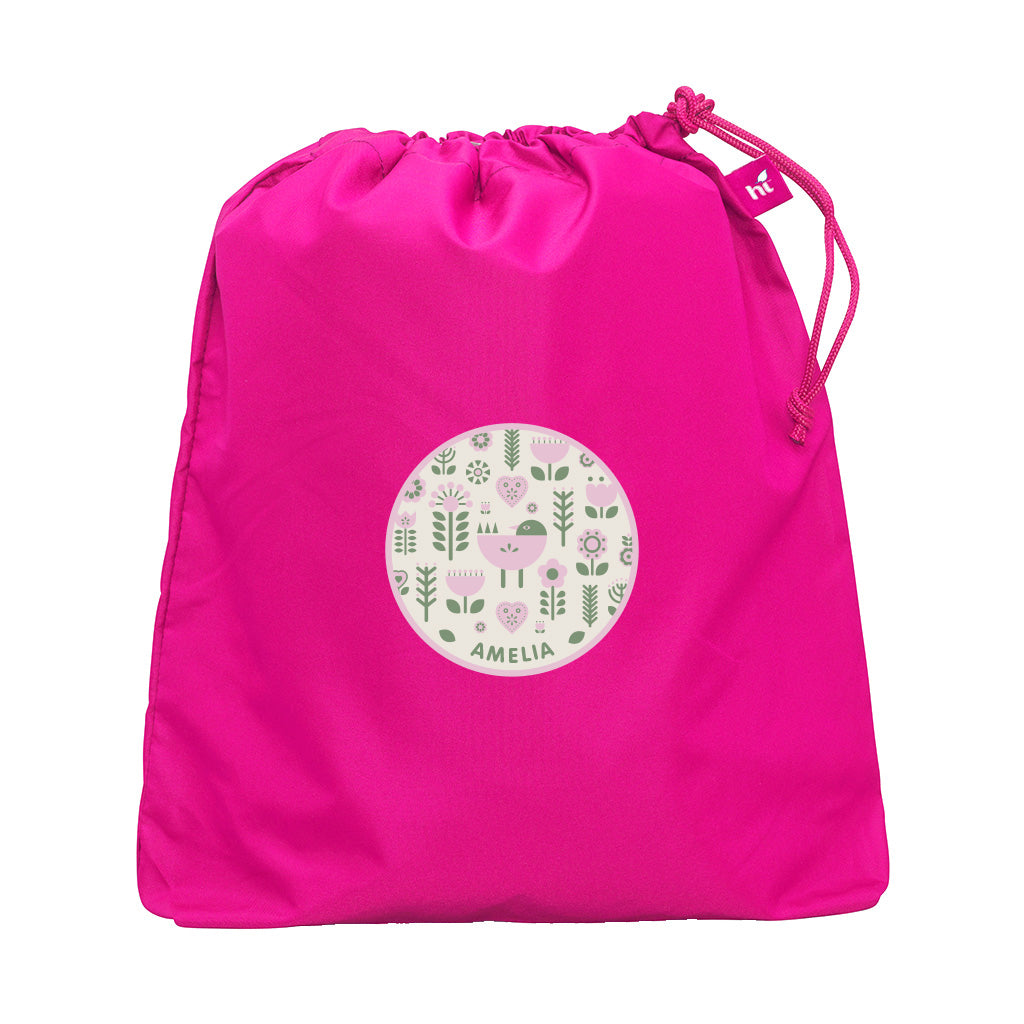 Harlequin eco daycare bag front angle view displaying drawstring toggle and personalised design