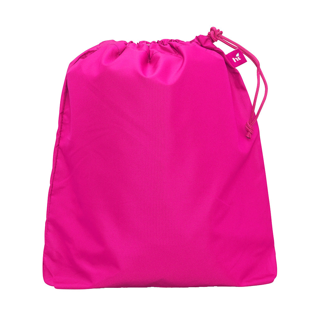 Harlequin hot pink eco daycare bag front angle view displaying drawstring toggle and personalised design