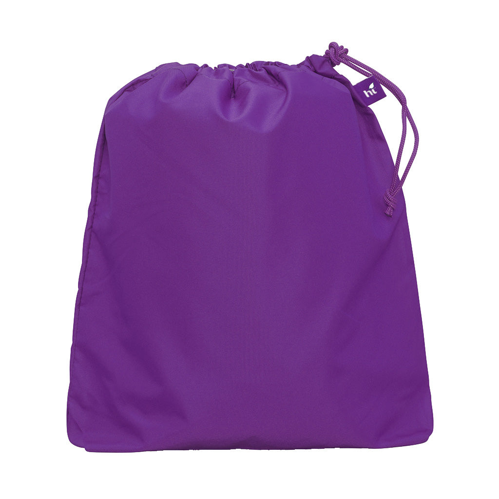 Harlequin purple eco daycare bag front angle view displaying drawstring toggle and personalised design