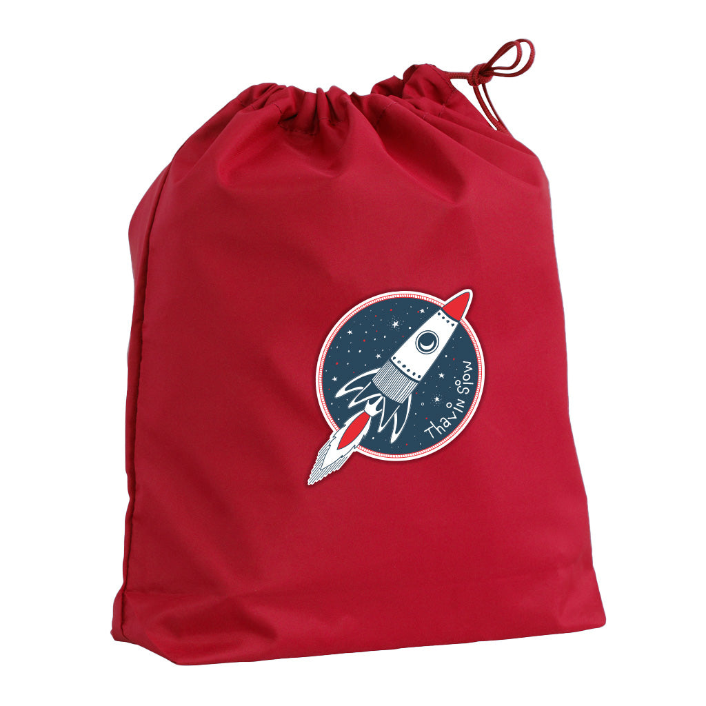 Harlequin red eco gym bag front angle view displaying drawstring toggle and personalised design