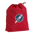 Harlequin red eco gym bag front angle view displaying drawstring toggle and personalised design