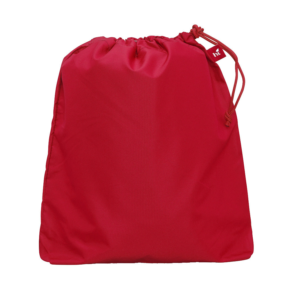 Harlequin red eco daycare bag front angle view displaying drawstring toggle and personalised design