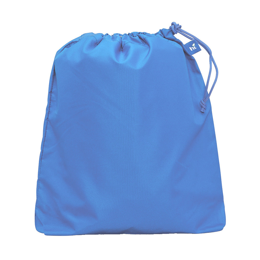 Harlequin sky blue eco daycare bag front angle view displaying drawstring toggle and personalised design