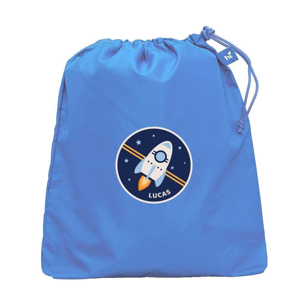 Harlequin red eco daycare bag front angle view displaying drawstring toggle and personalised design