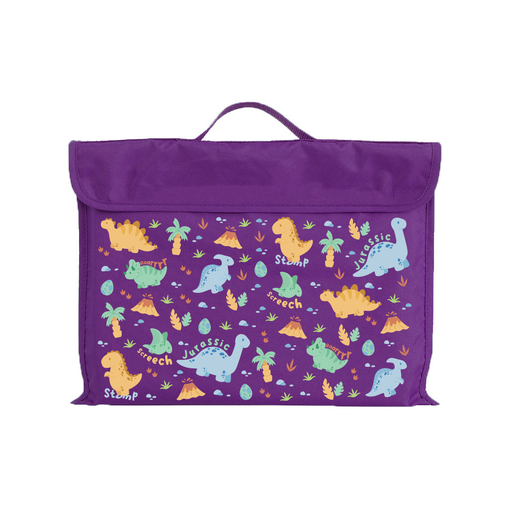 Harlequin Eco Library bag in Purple with Jurassic design from the Harlequin Creatix Signature Series. Front view displaying carry handle, velcro flap opening, and PET recycled water repellent fabric.