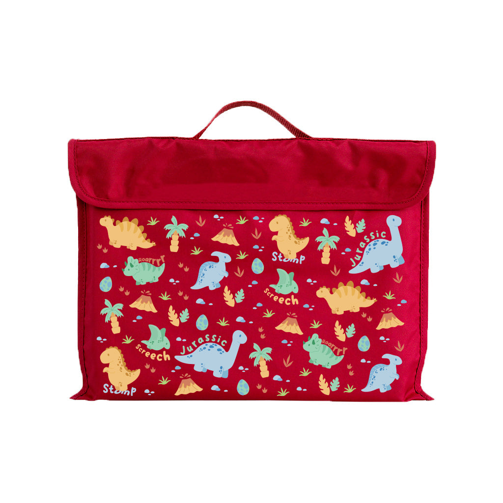 Harlequin Eco Library bag in Red with Jurassic design from the Harlequin Creatix Signature Series. Front view displaying carry handle, velcro flap opening, and PET recycled water repellent fabric.