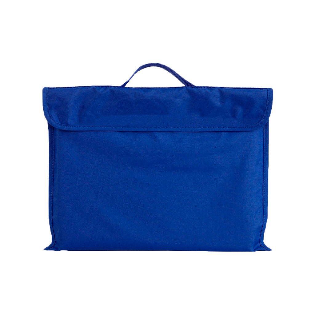 Harlequin royal eco library bag displaying carry handle, velcro flap opening, and PET recycled water repellent fabric