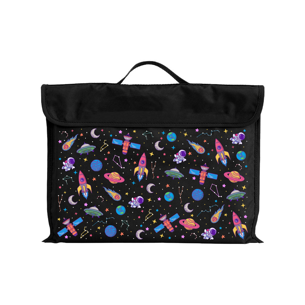 Harlequin Eco Library bag in Black with Galaxy Girl design from the Harlequin Creatix Signature Series. Front view displaying carry handle, velcro flap opening, and PET recycled water repellent fabric.