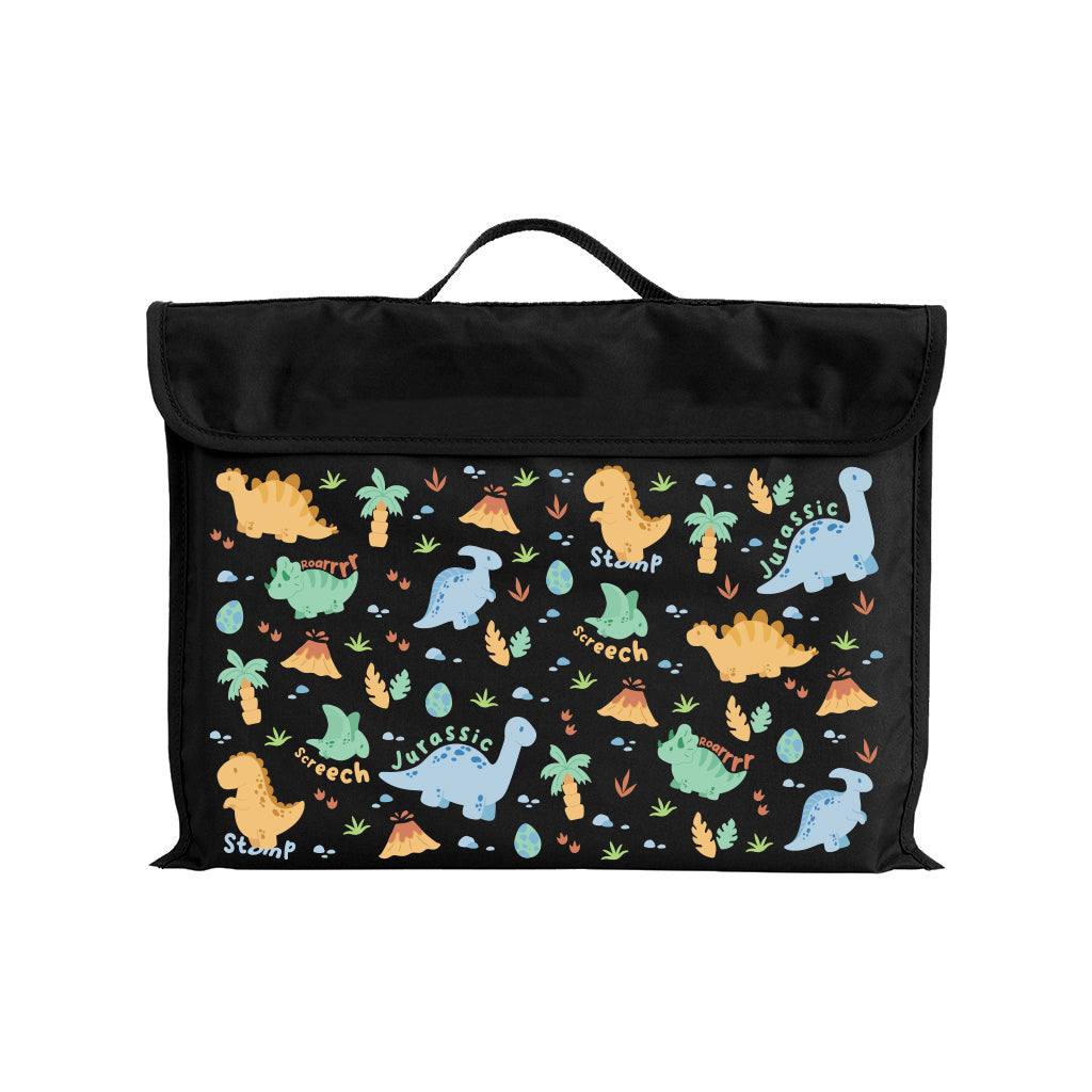 Harlequin Eco Library bag in Black with Jurassic design from the Harlequin Creatix Signature Series. Front view displaying carry handle, velcro flap opening, and PET recycled water repellent fabric.