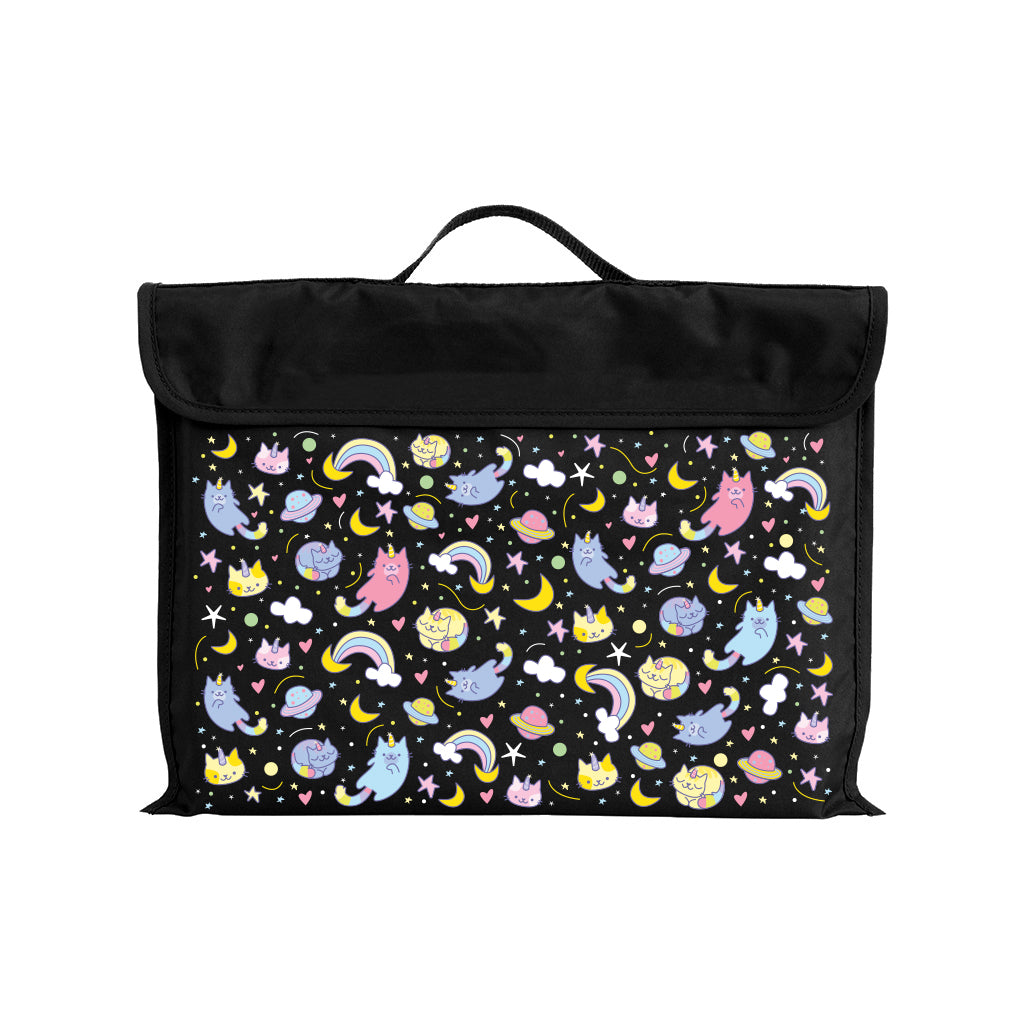 Harlequin Eco Library bag in Black with Kittycorn design from the Harlequin Creatix Signature Series. Front view displaying carry handle, velcro flap opening, and PET recycled water repellent fabric.