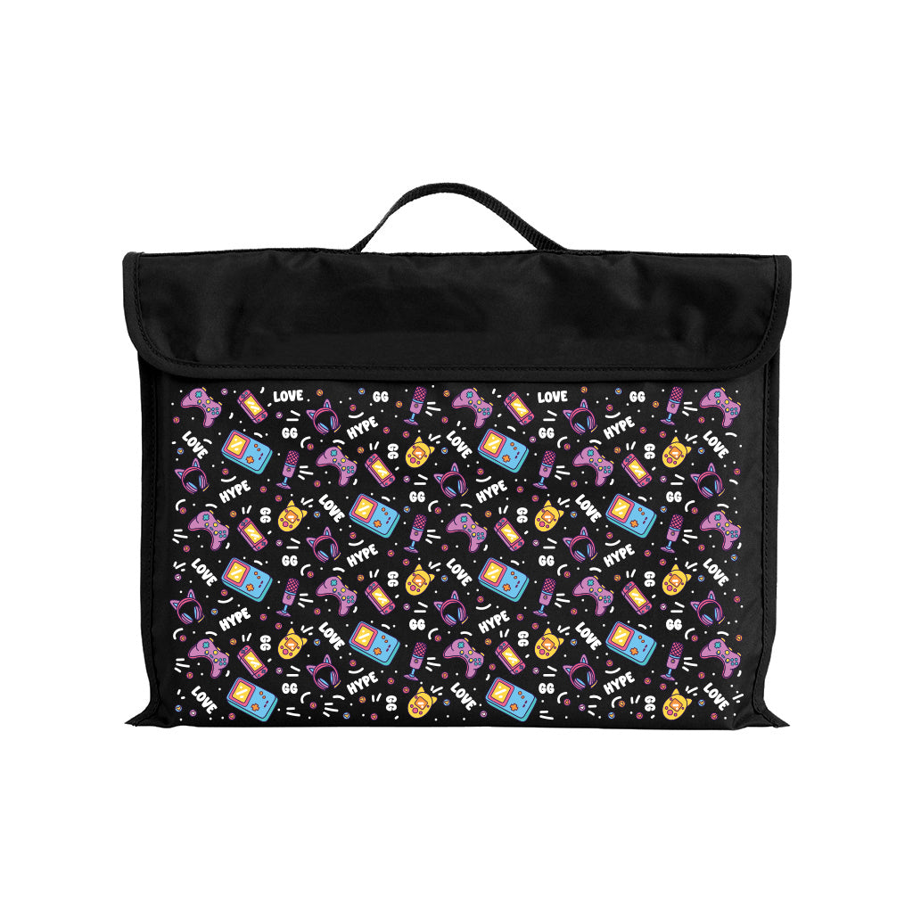 Harlequin Eco Library bag in Black with Pixel Chick design from the Harlequin Creatix Signature Series. Front view displaying carry handle, velcro flap opening, and PET recycled water repellent fabric.