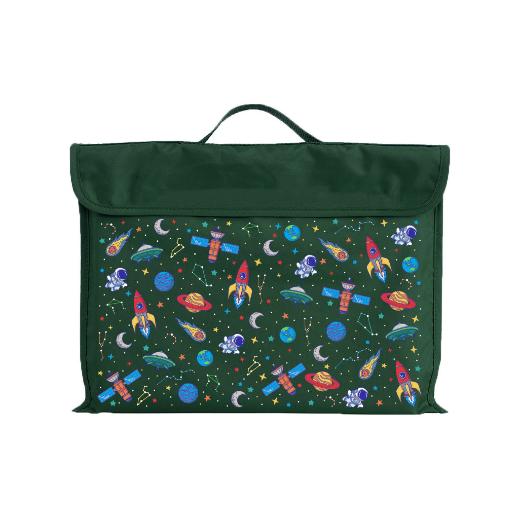 Harlequin Green Eco Library bag with Galaxy Boy design from the Harlequin Creatix Signature Series. Front view displaying carry handle, velcro flap opening, and PET recycled water repellent fabric.