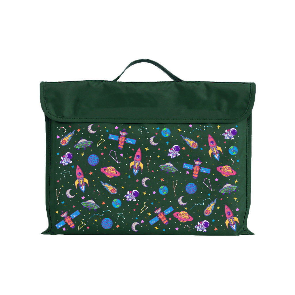 Harlequin Eco Library bag in Green with Galaxy Girl design from the Harlequin Creatix Signature Series. Front view displaying carry handle, velcro flap opening, and PET recycled water repellent fabric.