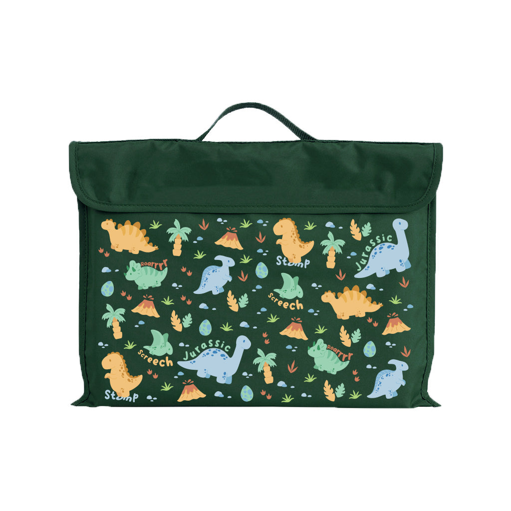Harlequin Eco Library bag in Green with Jurassic design from the Harlequin Creatix Signature Series. Front view displaying carry handle, velcro flap opening, and PET recycled water repellent fabric.