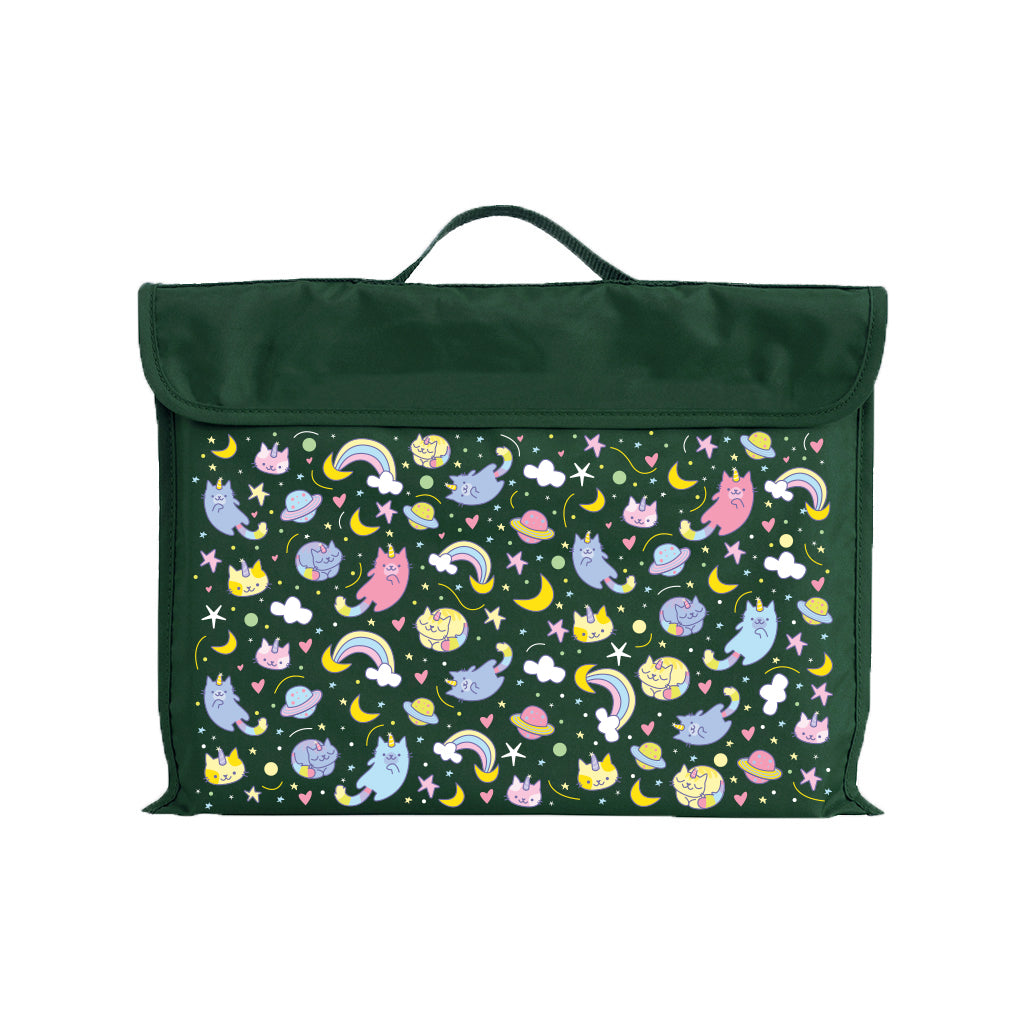 Harlequin Eco Library bag in Green with Kittycorn design from the Harlequin Creatix Signature Series. Front view displaying carry handle, velcro flap opening, and PET recycled water repellent fabric.