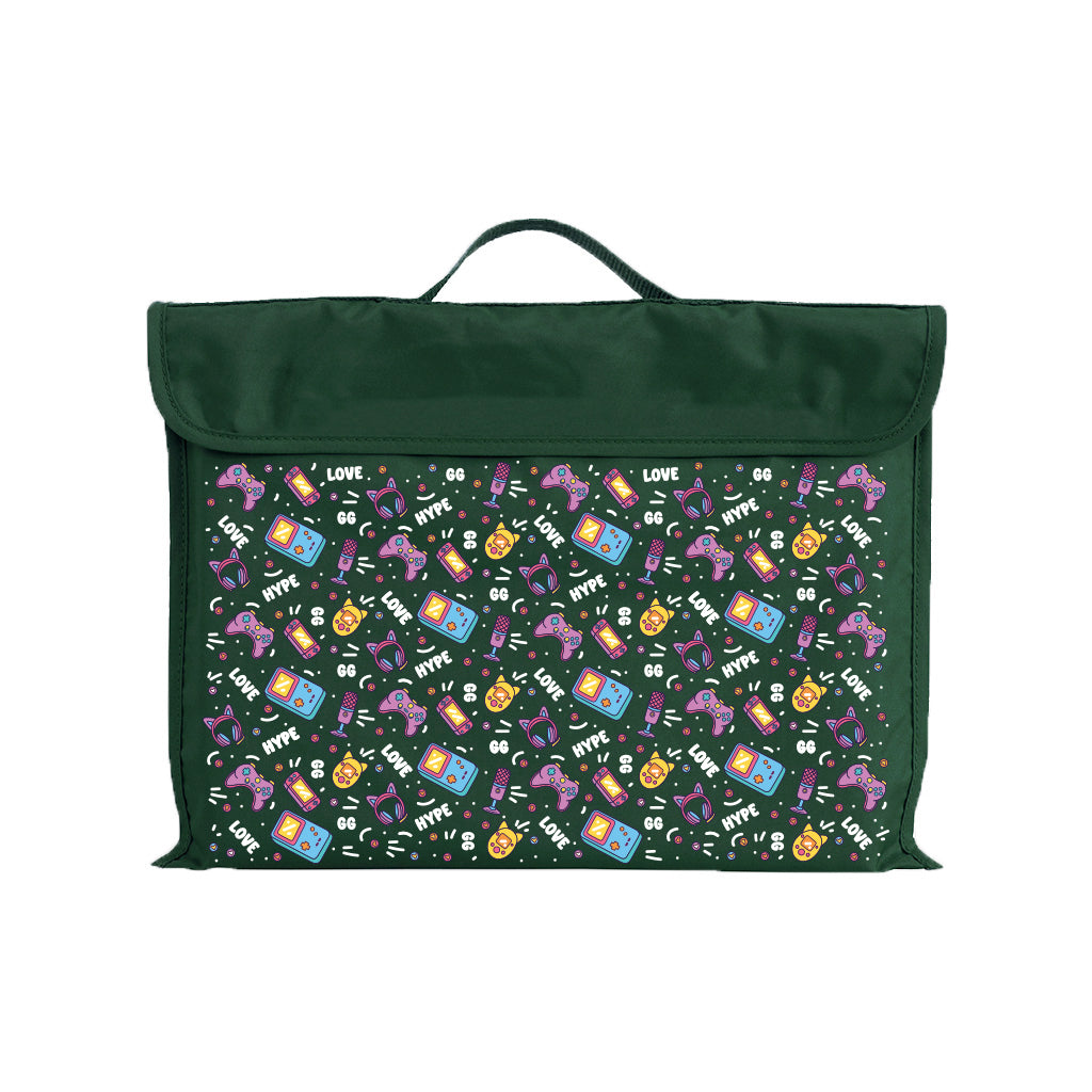 Harlequin Eco Library bag in Green with Pixel Chick design from the Harlequin Creatix Signature Series. Front view displaying carry handle, velcro flap opening, and PET recycled water repellent fabric.