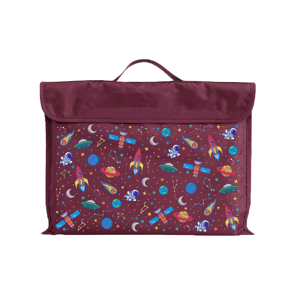 Harlequin Maroon Eco Library bag with Galaxy Boy design from the Harlequin Creatix Signature Series. Front view displaying carry handle, velcro flap opening, and PET recycled water repellent fabric.