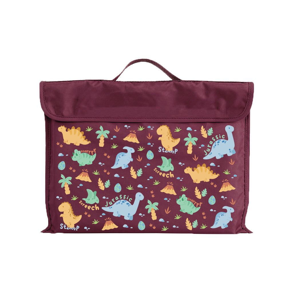 Harlequin Eco Library bag in Maroon with Jurassic design from the Harlequin Creatix Signature Series. Front view displaying carry handle, velcro flap opening, and PET recycled water repellent fabric.