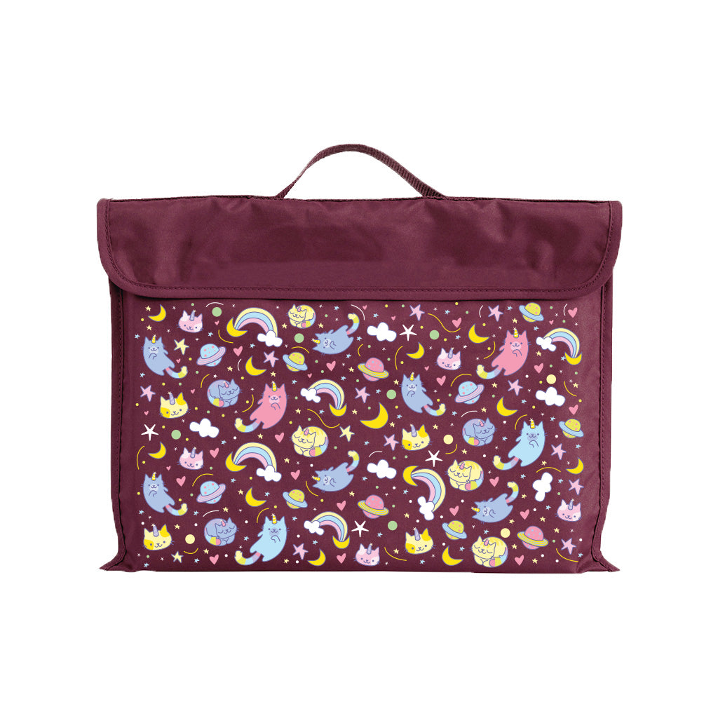 Harlequin Eco Library bag in Maroon with Kittycorn design from the Harlequin Creatix Signature Series. Front view displaying carry handle, velcro flap opening, and PET recycled water repellent fabric.