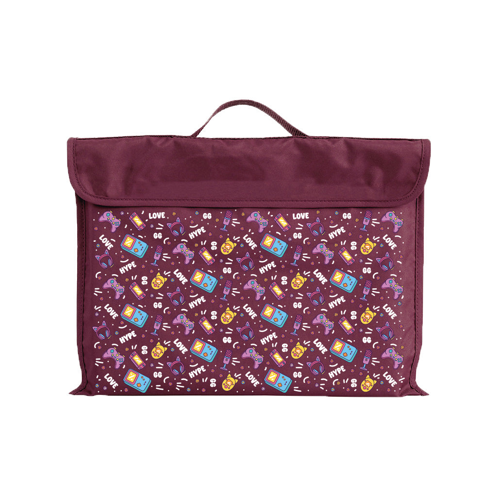 Harlequin Eco Library bag in Maroon with Pixel Chick design from the Harlequin Creatix Signature Series. Front view displaying carry handle, velcro flap opening, and PET recycled water repellent fabric.