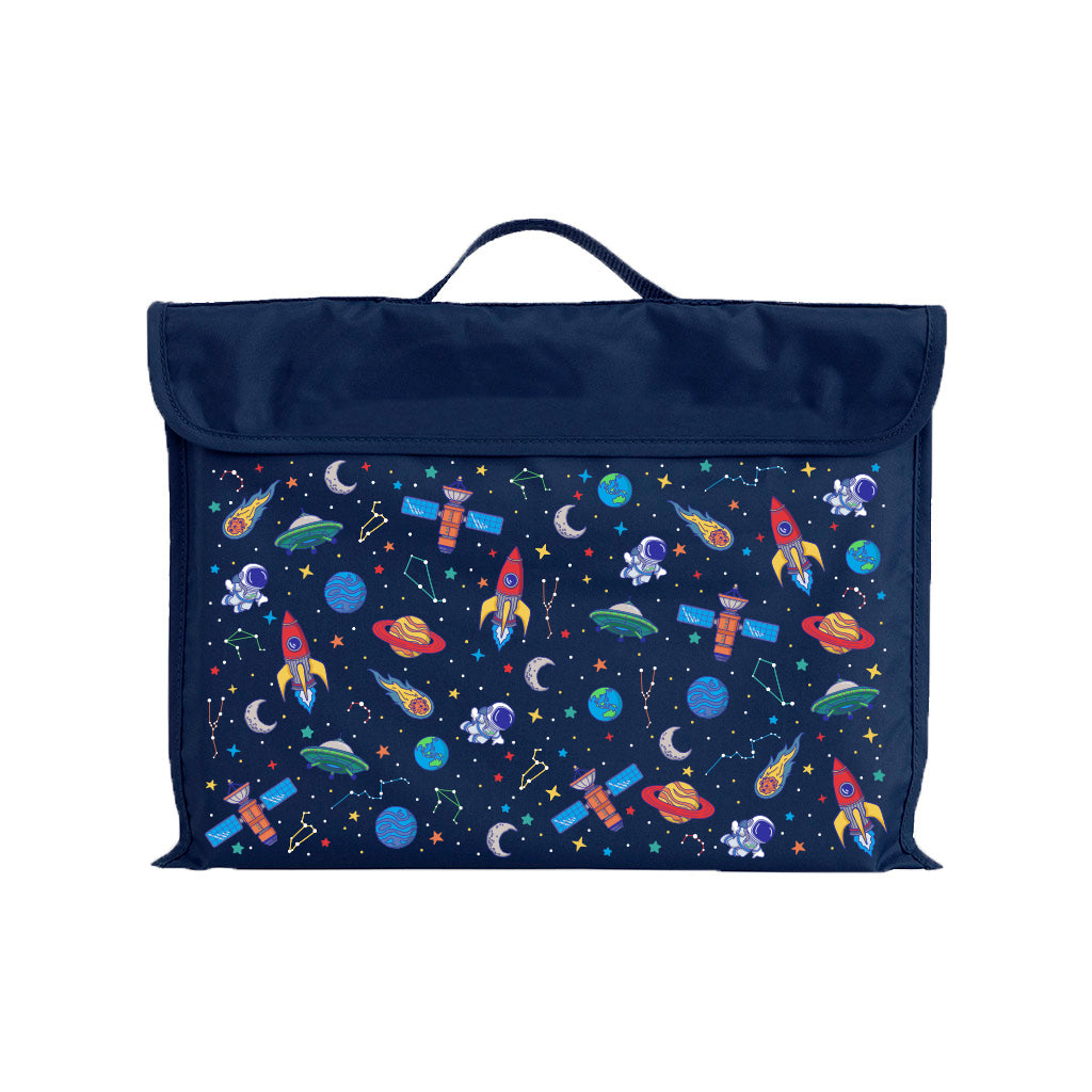 Harlequin Navy Eco Library bag with Galaxy Boy design from the Harlequin Creatix Signature Series. Front view displaying carry handle, velcro flap opening, and PET recycled water repellent fabric.