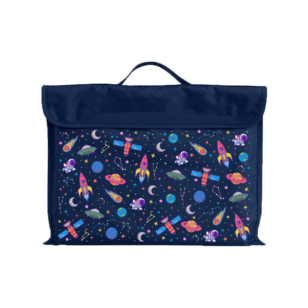 Harlequin Eco Library bag in Navy with Galaxy Girl design from the Harlequin Creatix Signature Series. Front view displaying carry handle, velcro flap opening, and PET recycled water repellent fabric.