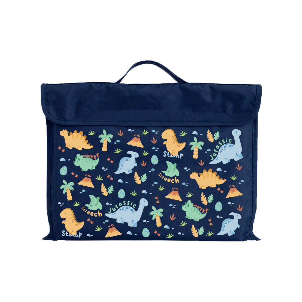 Harlequin Eco Library bag in Navy with Jurassic design from the Harlequin Creatix Signature Series. Front view displaying carry handle, velcro flap opening, and PET recycled water repellent fabric.