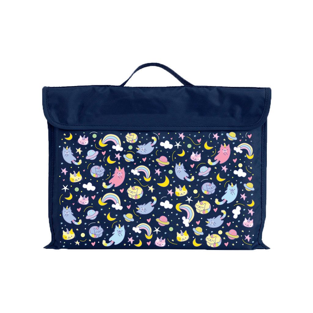 Harlequin Eco Library bag in Navy with Kittycorn design from the Harlequin Creatix Signature Series. Front view displaying carry handle, velcro flap opening, and PET recycled water repellent fabric.