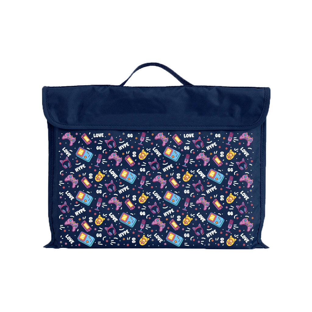Harlequin Eco Library bag in Navy with Pixel Chick design from the Harlequin Creatix Signature Series. Front view displaying carry handle, velcro flap opening, and PET recycled water repellent fabric.