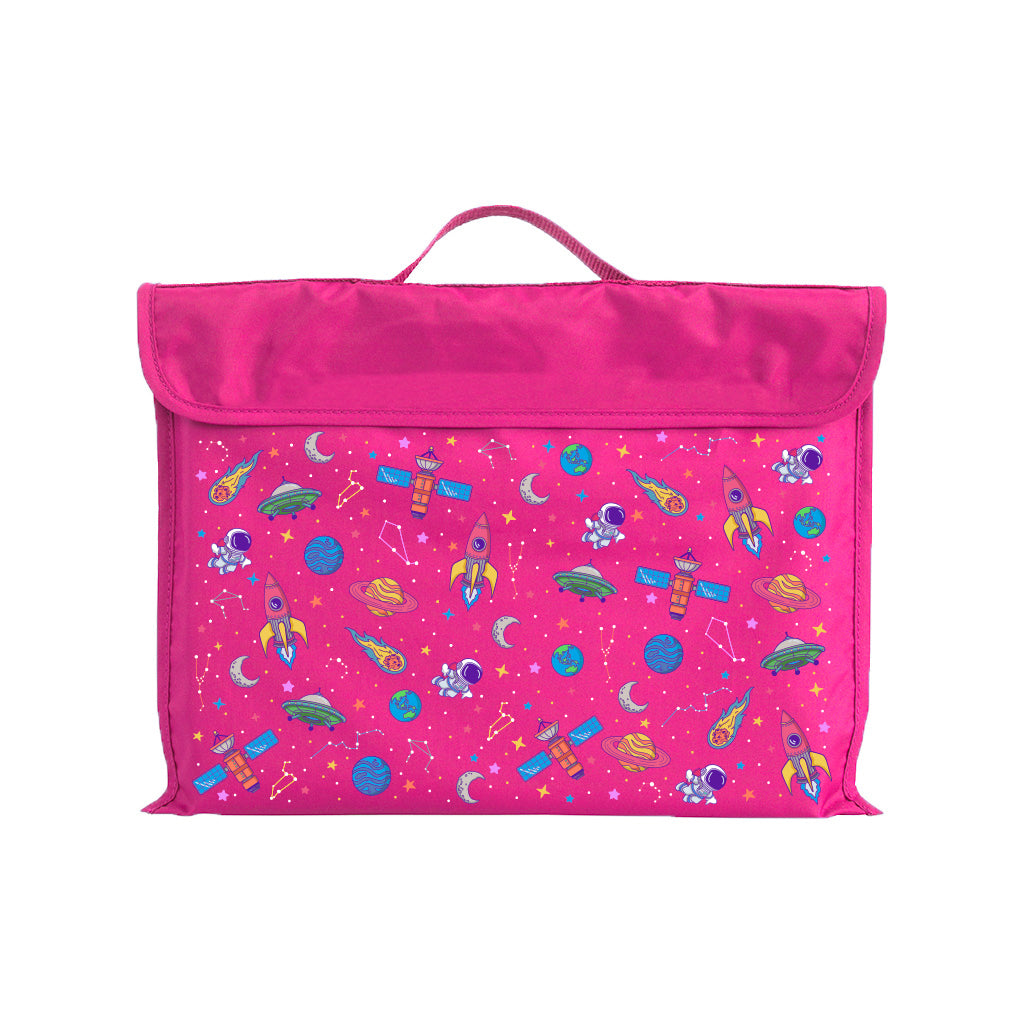 Harlequin Eco Library bag in Pink with Galaxy Girl design from the Harlequin Creatix Signature Series. Front view displaying carry handle, velcro flap opening, and PET recycled water repellent fabric.