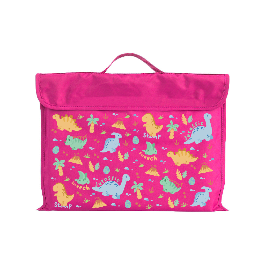 Harlequin Eco Library bag in Pink with Jurassic design from the Harlequin Creatix Signature Series. Front view displaying carry handle, velcro flap opening, and PET recycled water repellent fabric.