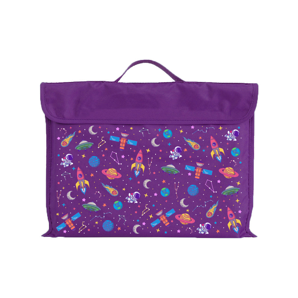 Harlequin Eco Library bag in Purple with Galaxy Girl design from the Harlequin Creatix Signature Series. Front view displaying carry handle, velcro flap opening, and PET recycled water repellent fabric.