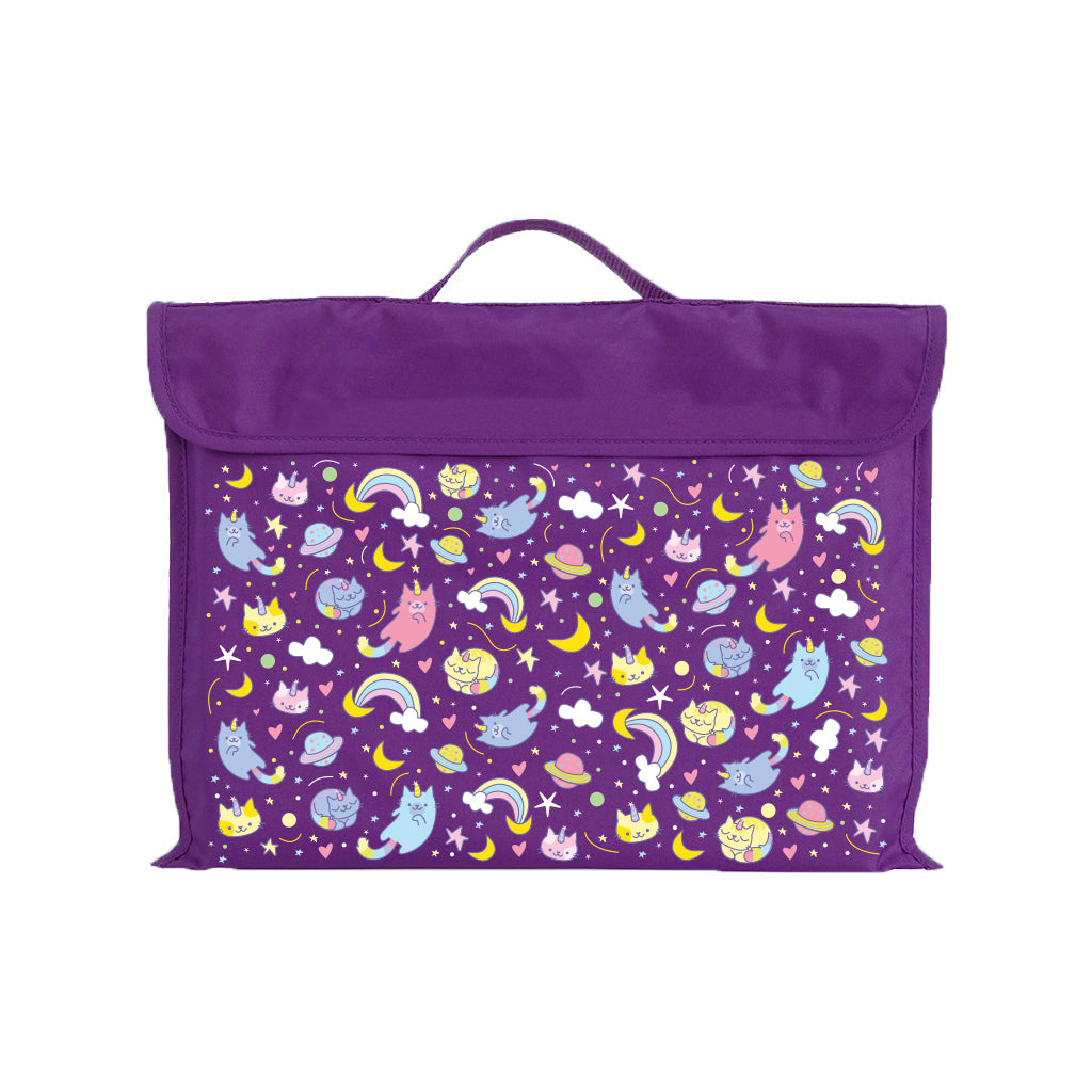 Harlequin Eco Library bag in Purple with Kittycorn design from the Harlequin Creatix Signature Series. Front view displaying carry handle, velcro flap opening, and PET recycled water repellent fabric.