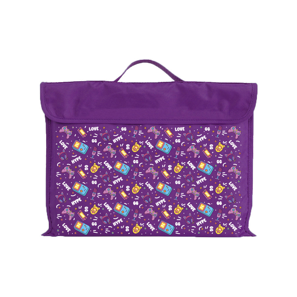 Harlequin Eco Library bag in Purple with Pixel Chick design from the Harlequin Creatix Signature Series. Front view displaying carry handle, velcro flap opening, and PET recycled water repellent fabric.