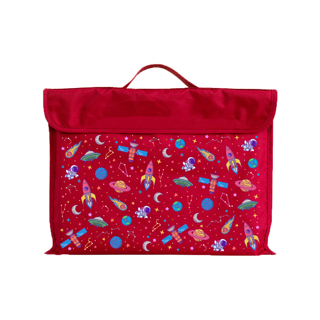 Harlequin Eco Library bag in Red with Galaxy Girl design from the Harlequin Creatix Signature Series. Front view displaying carry handle, velcro flap opening, and PET recycled water repellent fabric.