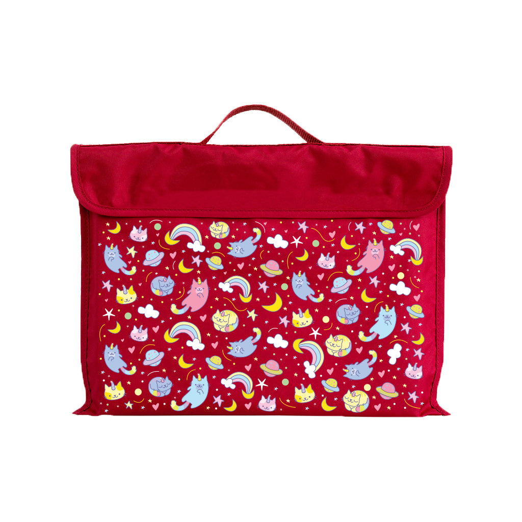 Harlequin Eco Library bag in Red with Kittycorn design from the Harlequin Creatix Signature Series. Front view displaying carry handle, velcro flap opening, and PET recycled water repellent fabric.