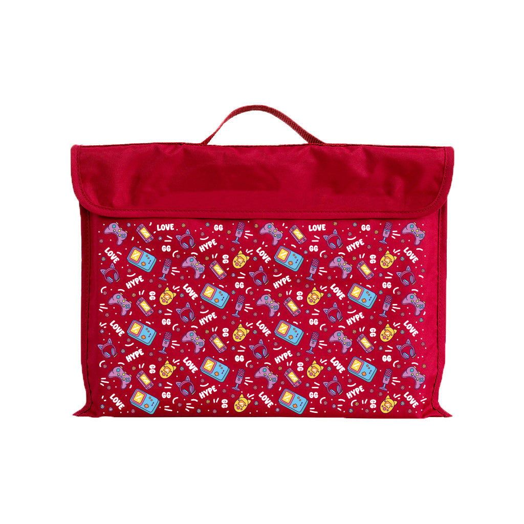 Harlequin Eco Library bag in Red with Pixel Chick design from the Harlequin Creatix Signature Series. Front view displaying carry handle, velcro flap opening, and PET recycled water repellent fabric.