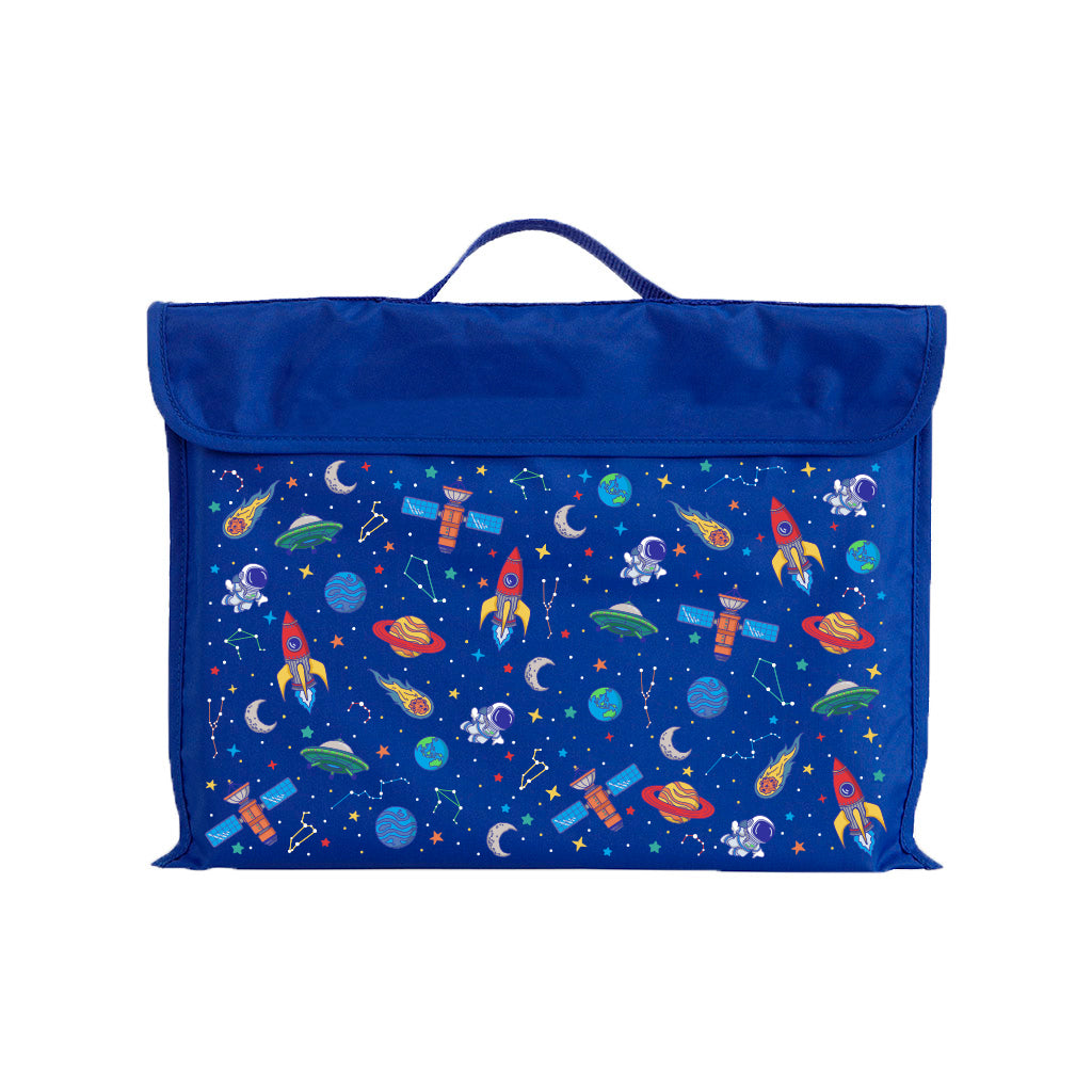 Harlequin Royal Blue Eco Library bag with Galaxy Boy design from the Harlequin Creatix Signature Series. Front view displaying carry handle, velcro flap opening, and PET recycled water repellent fabric.