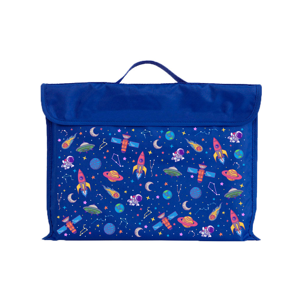 Harlequin Eco Library bag in Royal Blue with Galaxy Girl design from the Harlequin Creatix Signature Series. Front view displaying carry handle, velcro flap opening, and PET recycled water repellent fabric.