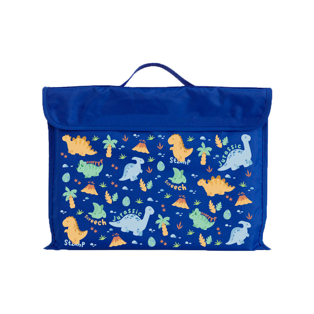 Harlequin Eco Library bag in Royal Blue with Jurassic design from the Harlequin Creatix Signature Series. Front view displaying carry handle, velcro flap opening, and PET recycled water repellent fabric.