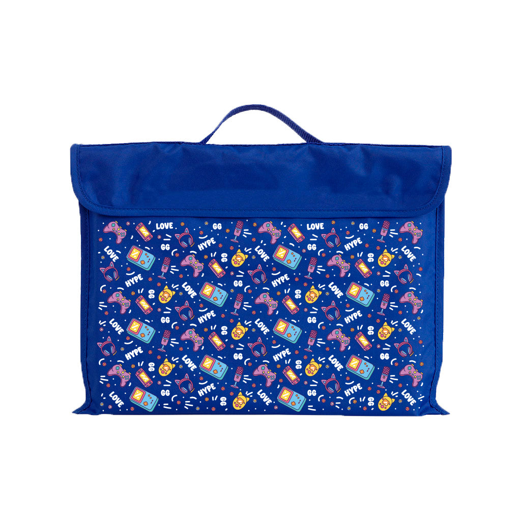 Harlequin Eco Library bag in Royal Blue with Pixel Chick design from the Harlequin Creatix Signature Series. Front view displaying carry handle, velcro flap opening, and PET recycled water repellent fabric.