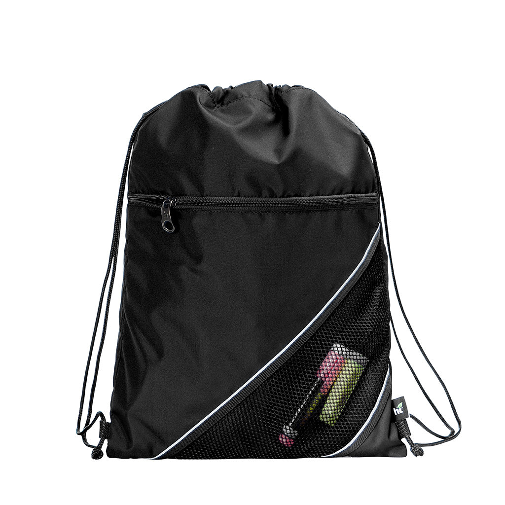 Harlequin black eco sprint bag displaying drawstring opening, top zipper, external zippered pocket, and d-ring trinket holder
