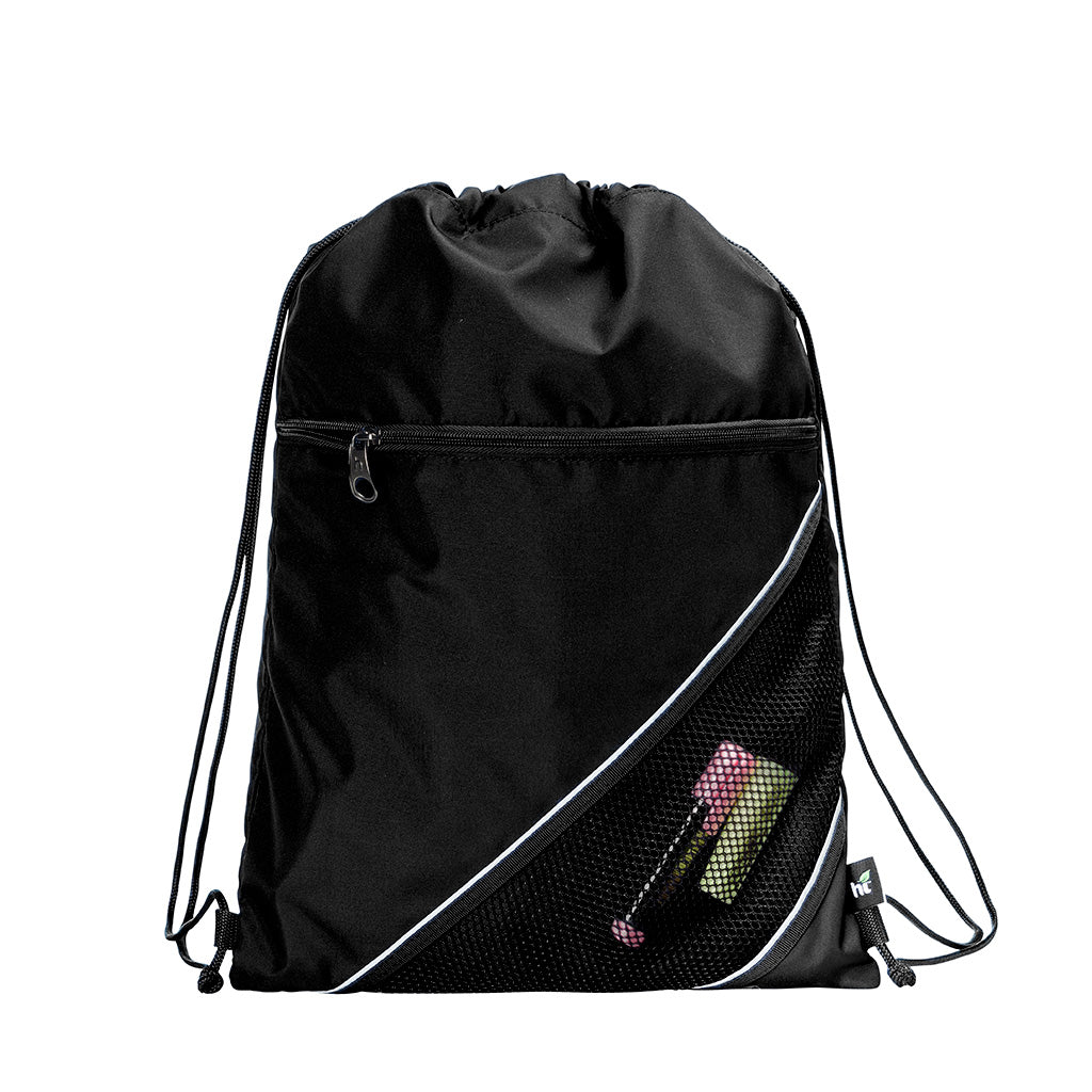 Harlequin black eco sprint bag displaying drawstring opening, top zipper, external zippered pocket, and d-ring trinket holder