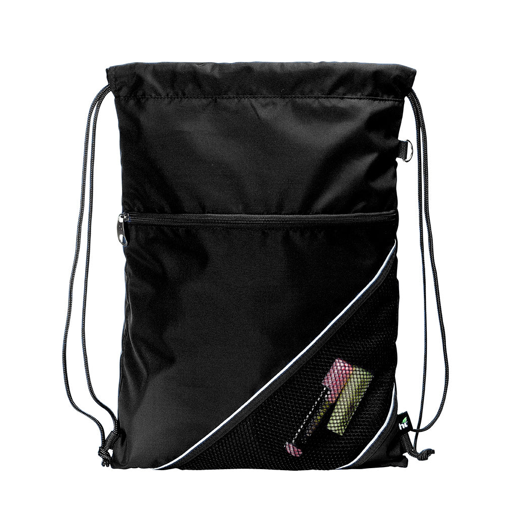 Harlequin black eco sprint bag displaying drawstring opened, top zipper, external zippered pocket, and d-ring trinket holder