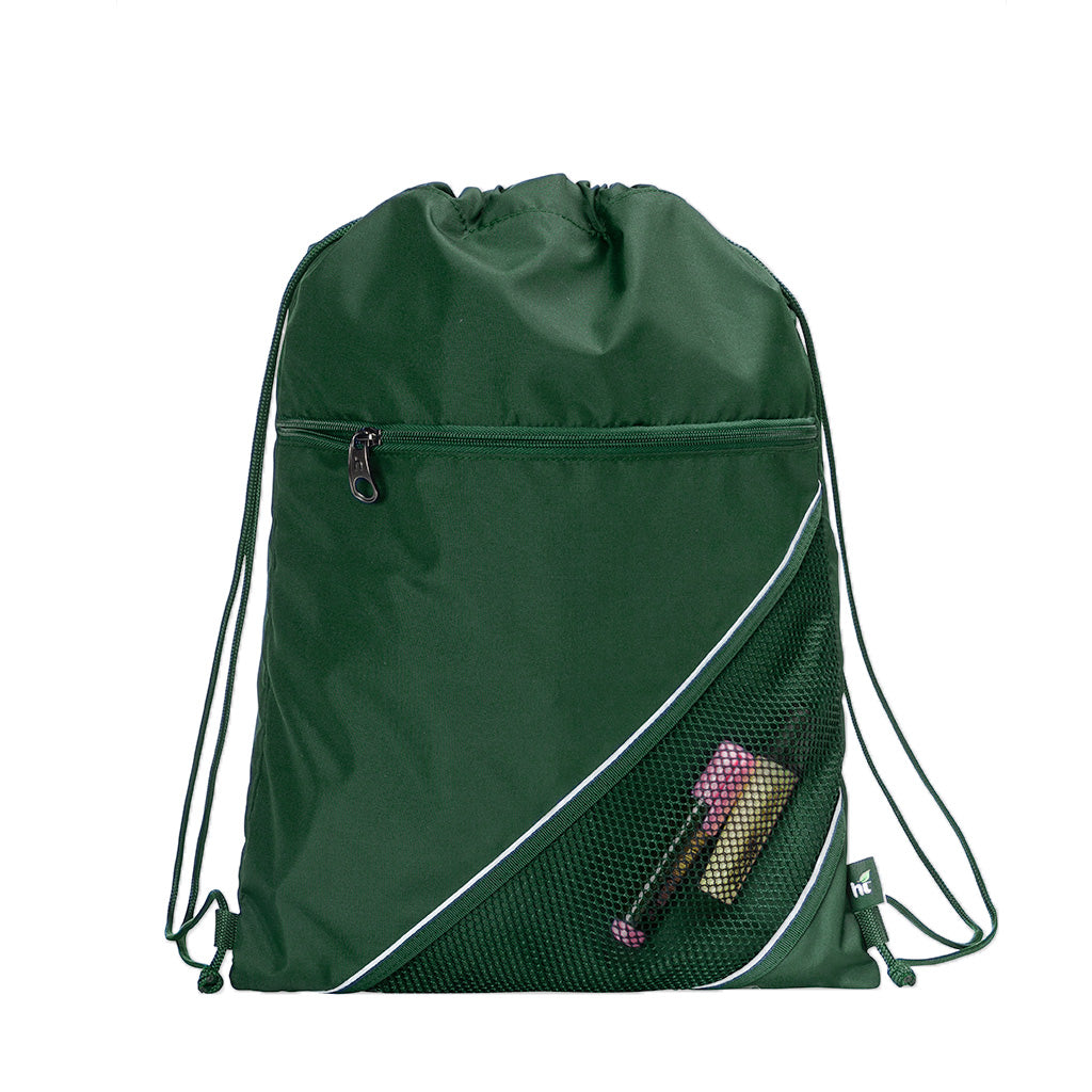 Harlequin green eco sprint bag displaying drawstring opening, top zipper, external zippered pocket, and d-ring trinket holder