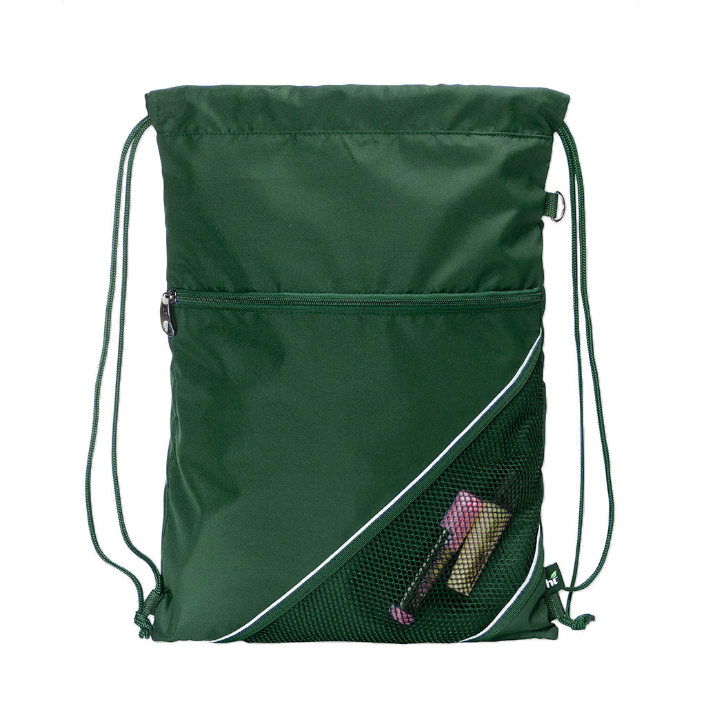 Harlequin green eco sprint bag displaying drawstring opened, top zipper, external zippered pocket, and d-ring trinket holder
