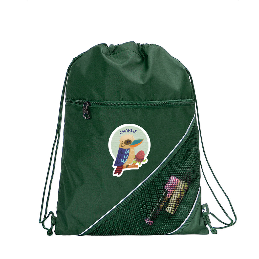 Harlequin green eco sprint bag displaying drawstring opening, top zipper, external zippered pocket, d-ring trinket holder, and personalisation