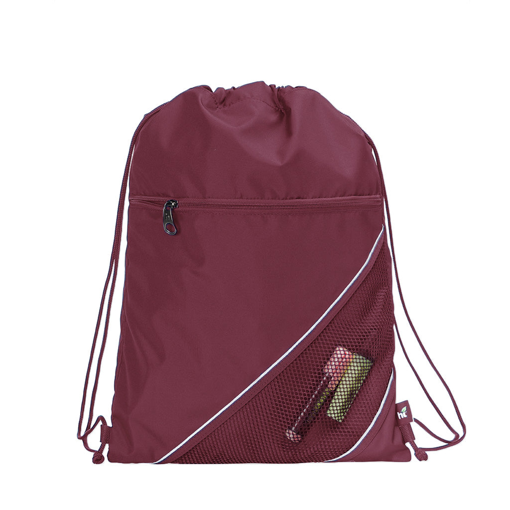 Harlequin maroon eco sprint bag displaying drawstring opening, top zipper, external zippered pocket, and d-ring trinket holder