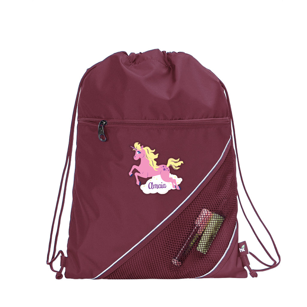 Harlequin maroon eco sprint bag displaying drawstring opening, top zipper, external zippered pocket, d-ring trinket holder, and personalisation